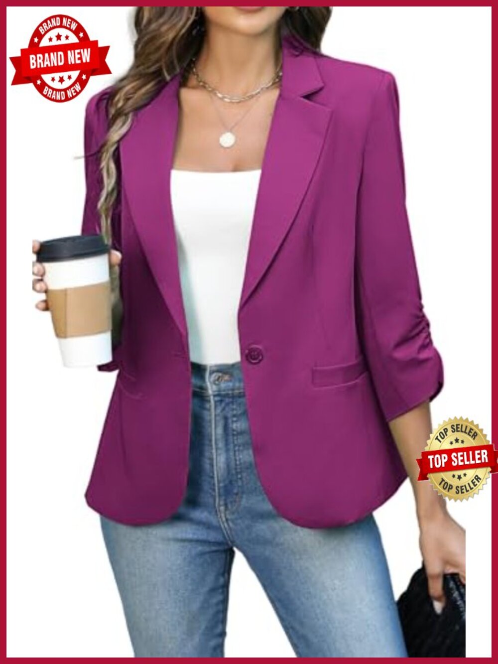 Women's Ruched 3/4 Sleeve Blazer Lightweight Slim Fit Single Button Business
